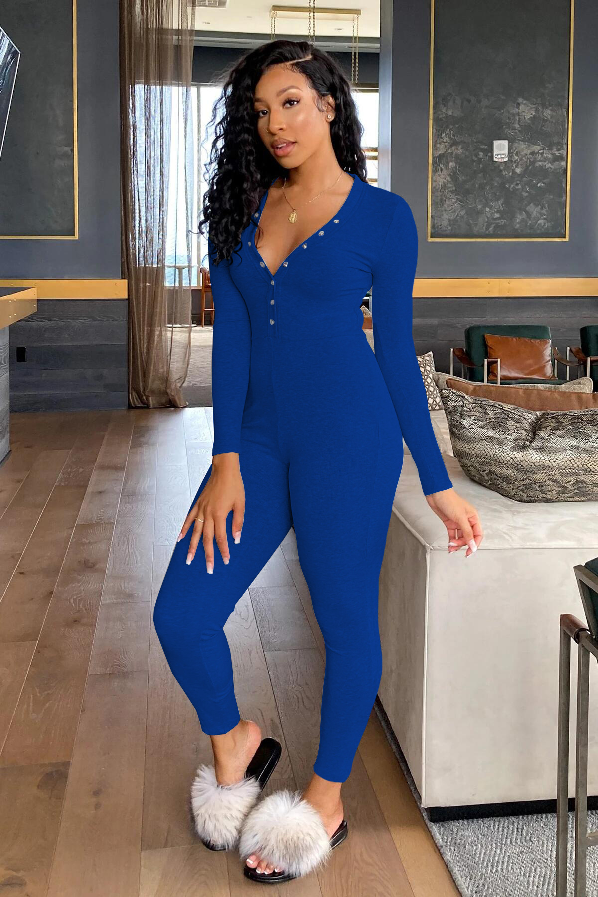 Solid Color Series V-neck Jumpsuit Nihaostyles wholesale clothing vendor NSMDJ75082