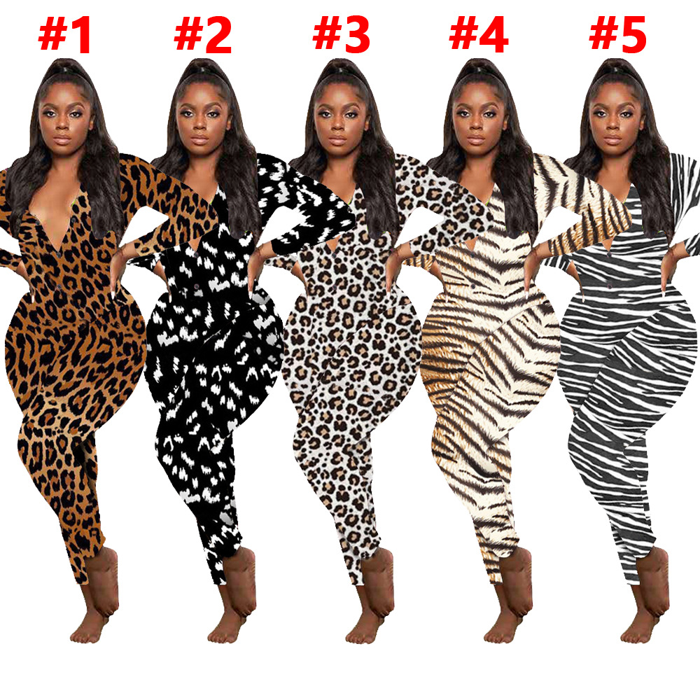 Women'S Casual Leopard Print Long Sleeve Pants Home Jumpsuit