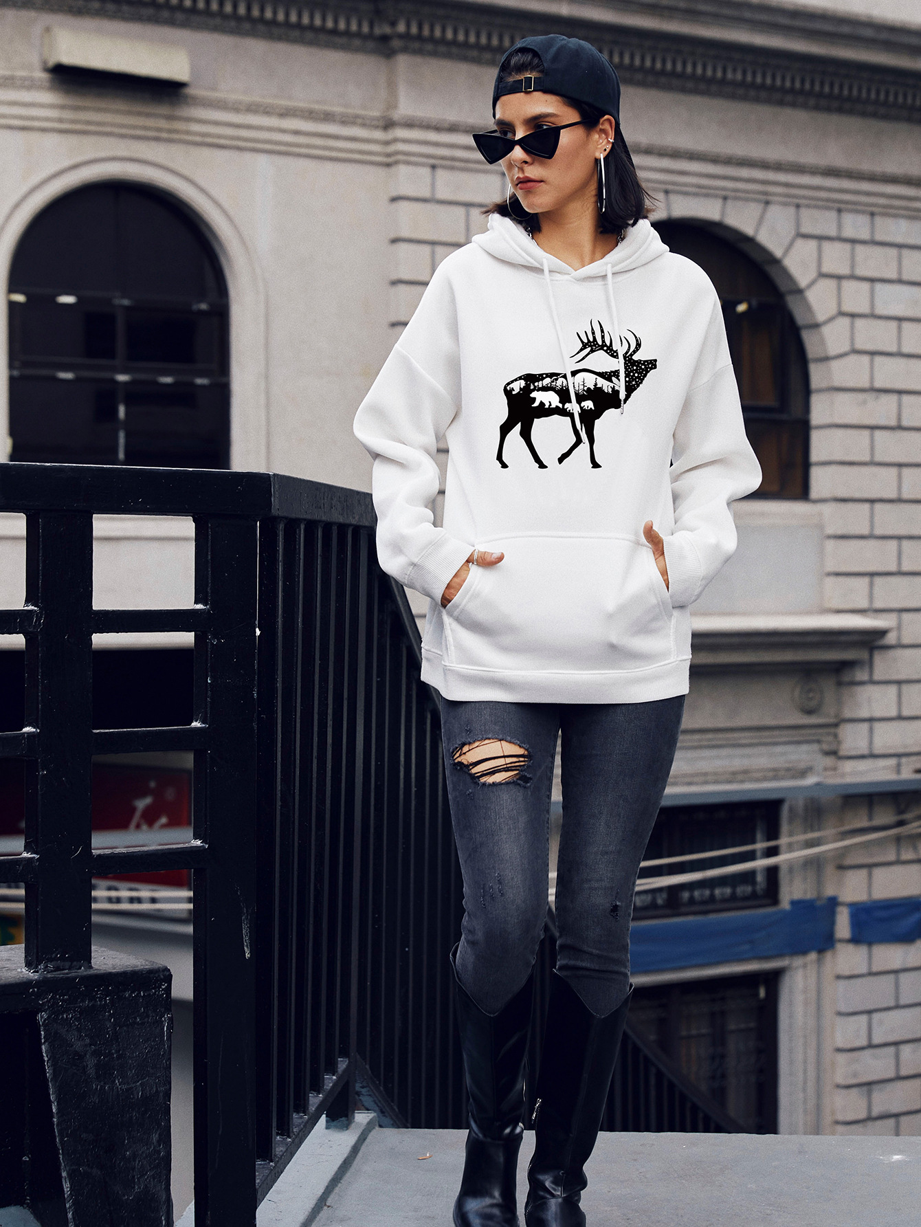 suéter con capucha casual con estampado de ciervos popular para mujer NSSN2270
