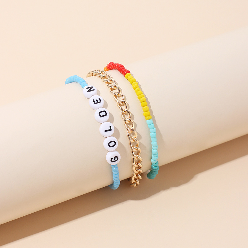 New Fashion Stacking Multi-layer Hand-woven Rice Beads Letter Anklet Set display picture 7
