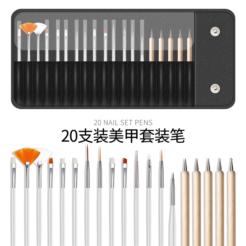 Uñas herramientas traje 15 unids pintado pluma + 5 unids varilla de madera punto taladro pluma 20 unids cepillo de uñas bolsa de cosméticos traje