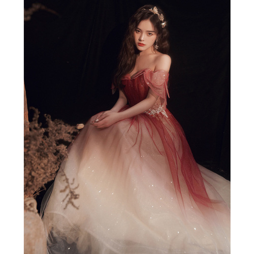 Toast wine red evening solo piano performance dress the bride temperament of the new banquet wedding dress show thin a word shoulder evening skirt