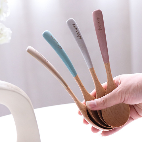 Tomato Home Pearlescent Handle Wooden Spoon Creative Curved Handle Small Spoon A-8 Beech Wood Rice Spoon Household Spoon Wholesale