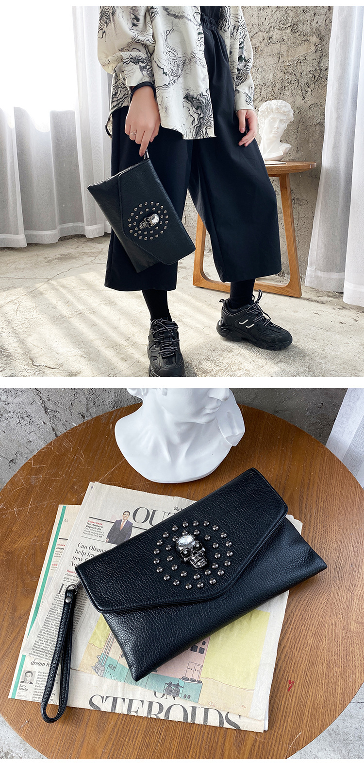 Schoudertas voor dames, punk stijl clutch met schedel decor_voghion.com