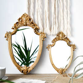 厂家直销出口欧洲复古壁挂装饰镜做旧金色浮雕镂空镜子化妆镜树脂