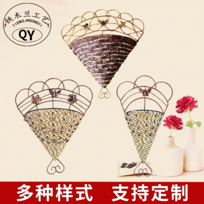 手工藤编铁艺工艺品挂扇 编织扇形壁挂花篮 欧式室内墙面装饰挂件|ms