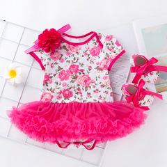 新款寶寶玫瑰花連衣裙夏0-6個月女童短袖印花哈衣裙套裝廠家批發