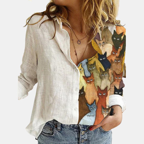 #Foreign trade cross-border fashion women's loose cartoon animal cat digital printing long-sleeved blouse 9040