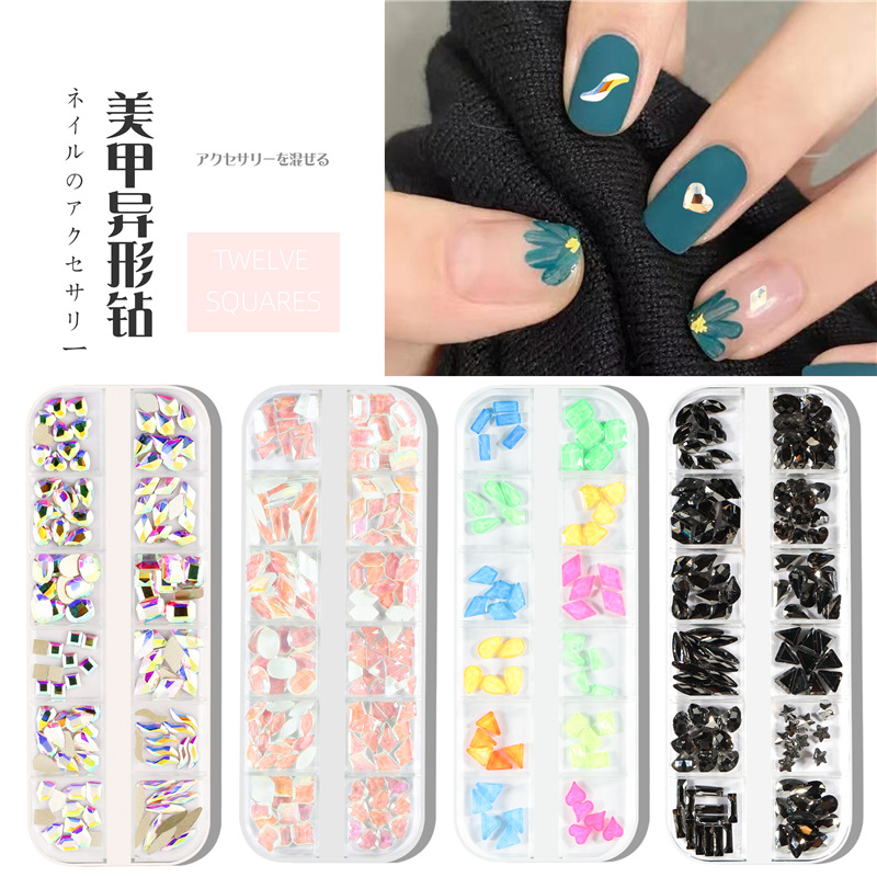 Transfronterizo nuevo Diamante de uñas DIY caja larga de uñas plana de forma especial de diamante color mágico AB Moonlight diamante joyería de uñas