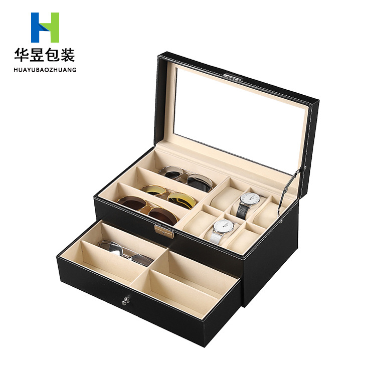 跨境现货厂家pu皮质6位手表9格眼镜双层收纳盒太阳眼镜手表包装盒