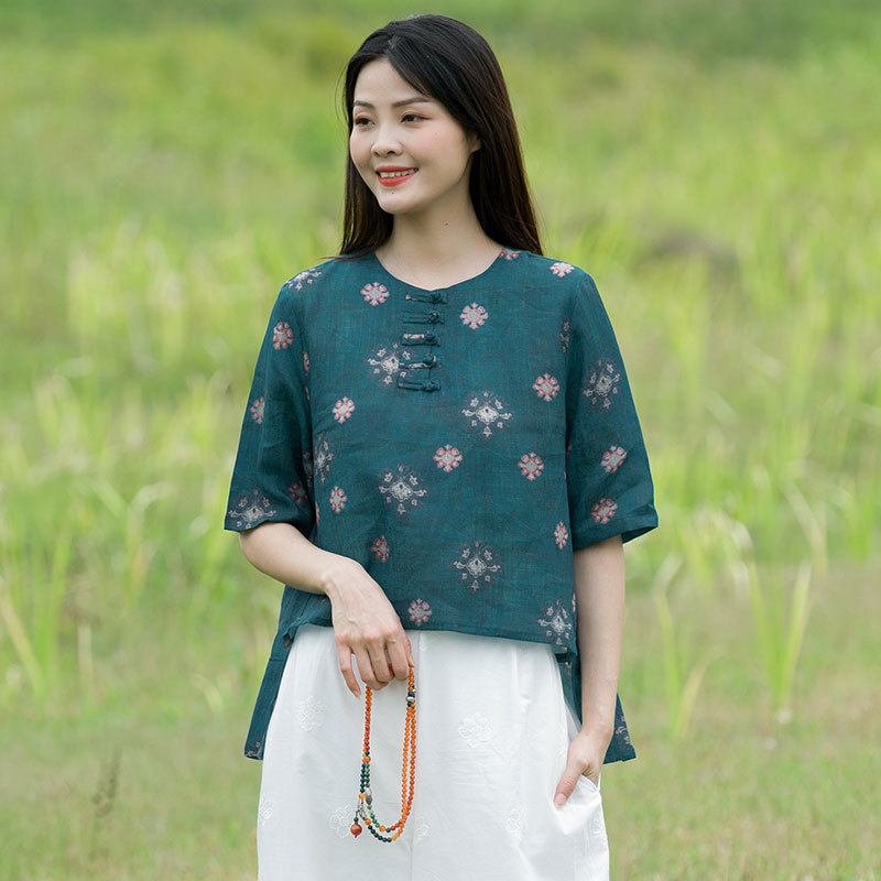 苎麻印花上衣2020年夏季新款女装中国文艺复古传统女式短袖衬衫|ru