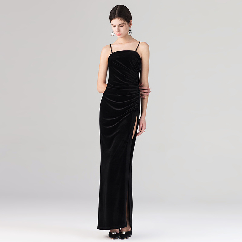 2020春夏新款性感黑色丝绒吊带高腰修身显瘦开叉礼服连衣裙 65577
