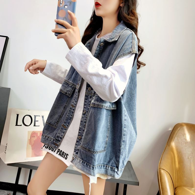 2022 Spring Denim Vest Women's New Korean Style Loose Waistcoat Student Sleeveless Vest Trendy Vest