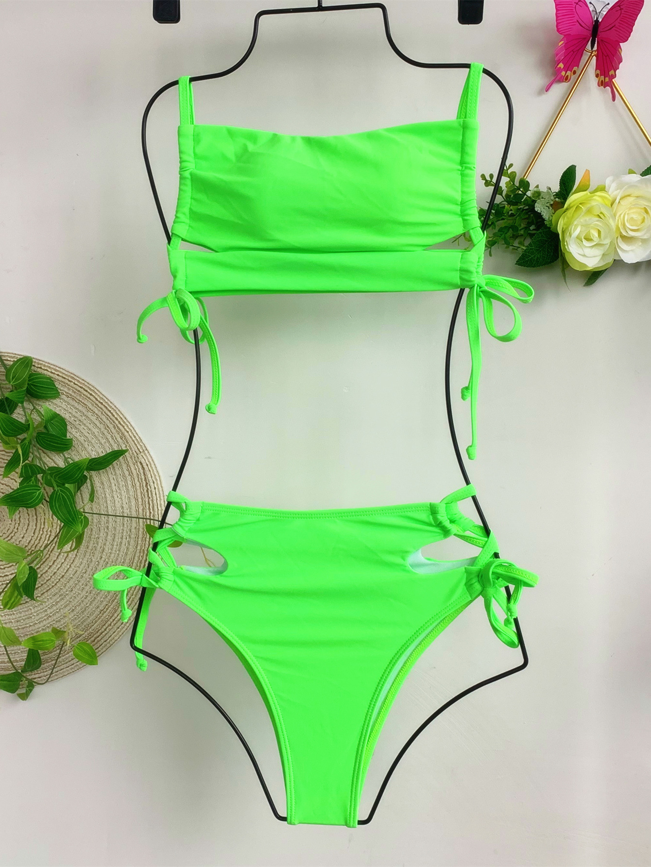 Sling Lace-Up Solid Color Swimsuit 2 Piece Set NSCSM114400