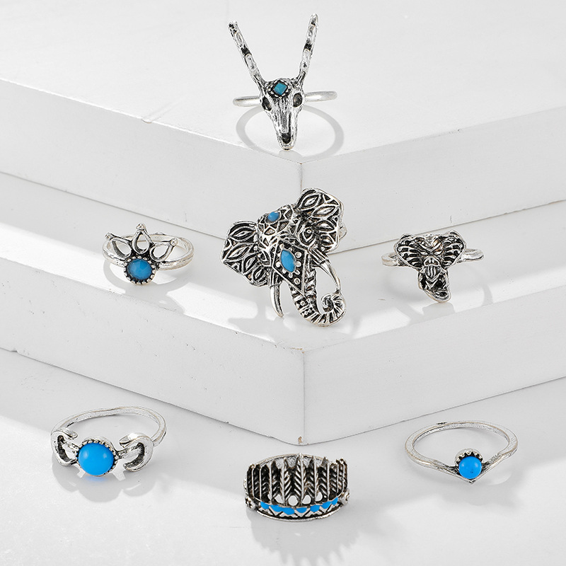 Europäischer Und Amerikanischer Neuer Grenz Überschreiten Der Schmuck Tier Hirschkopf Elefant Ring 7-teiliges Feder Mond Türkis Ring Set display picture 5