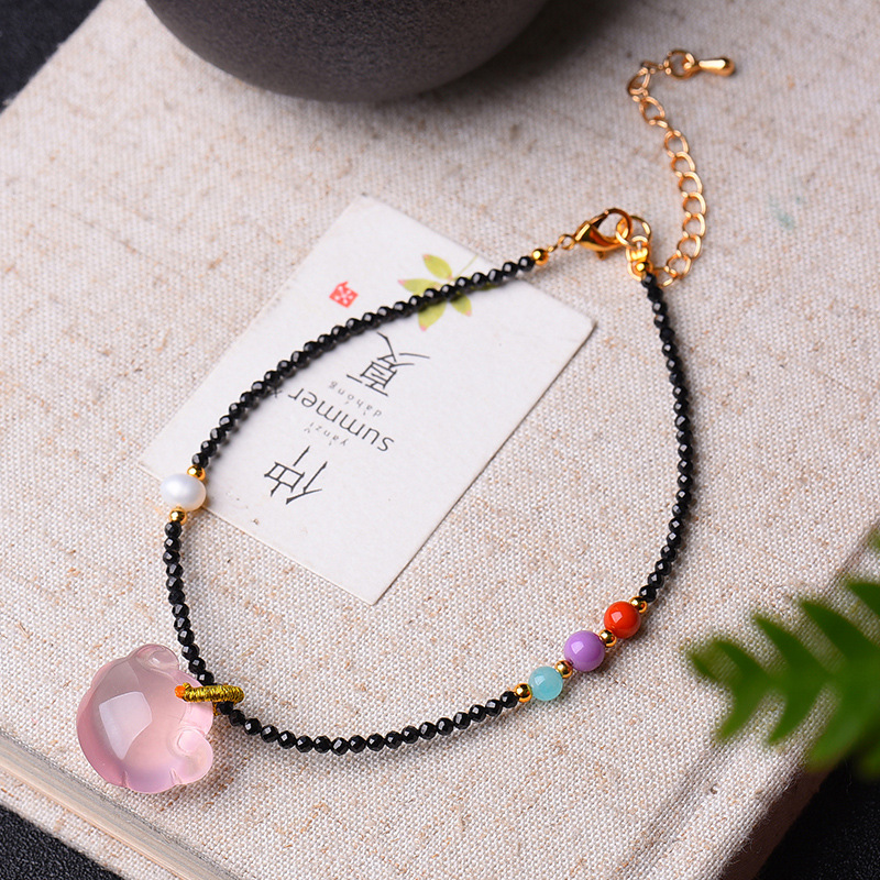 Garnet anklet female black crystal tourmaline powder Crystal wishful Fox anklet original DIY stylish atmosphere