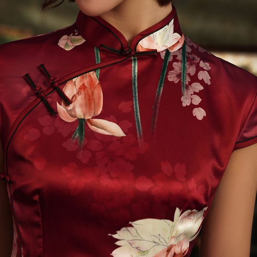  Red flowers chinese dresses for women photos shooting performance Cheongsam retro long qipao dress