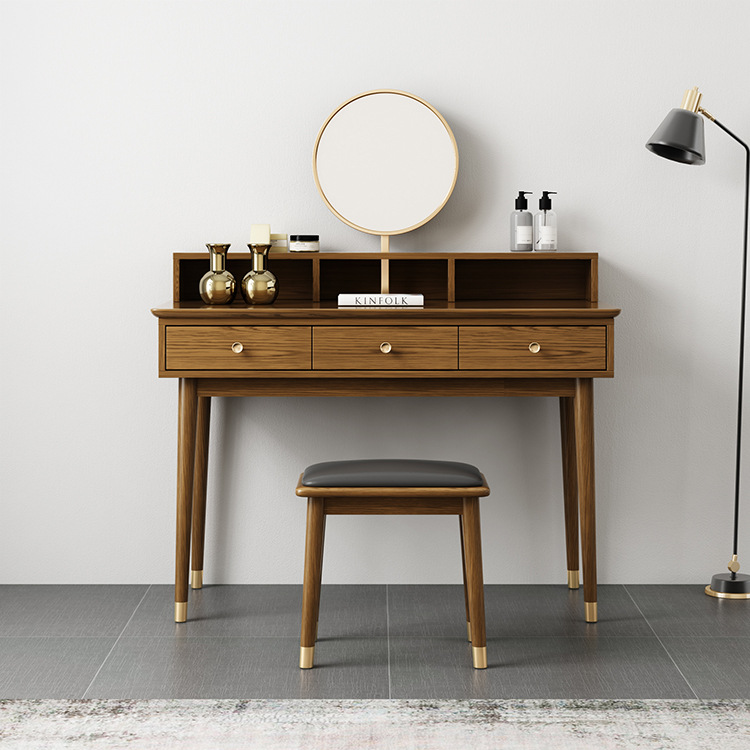 輕奢系列實木化妝鏡臥室家具梳妝台帶鏡子實木家具三抽梳妝台