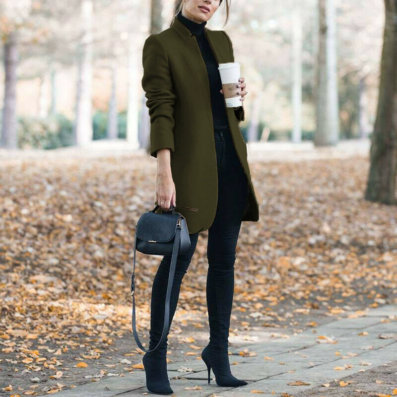 Long woolen coat (Amazon) fitted stand‑collar demi‑season, lightweight, multiple sizes