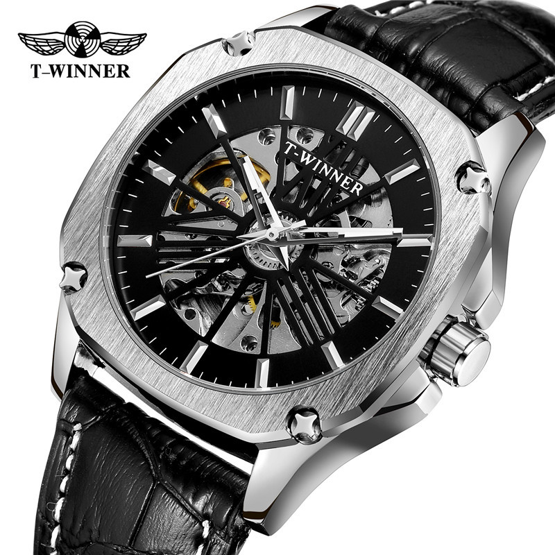 Ganador reloj mecánico automático para hombres moda hueco transparente volante correa de cuero reloj mecánico 8182