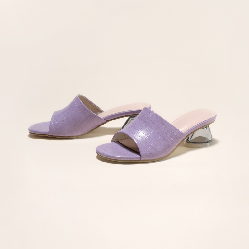 Crystal-heeled sandals Clear and stone-patterned square midheel slippers_voghion.com