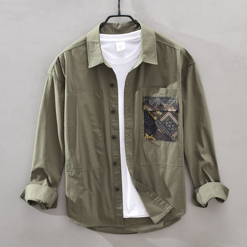 M955 Japanesey Work Shirt Men's Long-sleeved Loose Top Color-blocked Square Collar Pure Cotton Shirt Drop Shipping