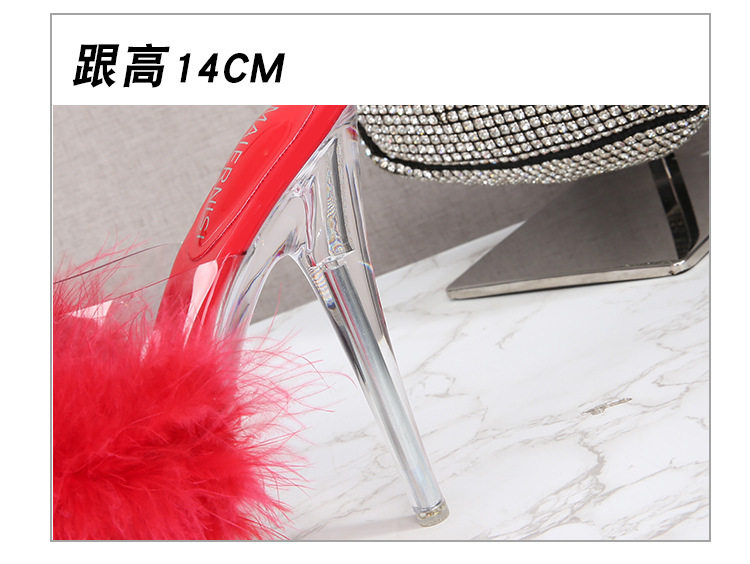 Dép sandal nữ gót nhọn siêu cao phối lông, quai trong suốt pha lê, mũi hở — Màu hồng, Màu trắng, Màu đen, Màu đỏ chi tiết 7