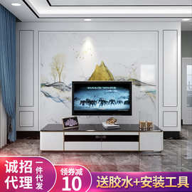 新中式山水客厅电视背景墙 禅意水墨画无纺布布卧室墙纸壁画壁纸