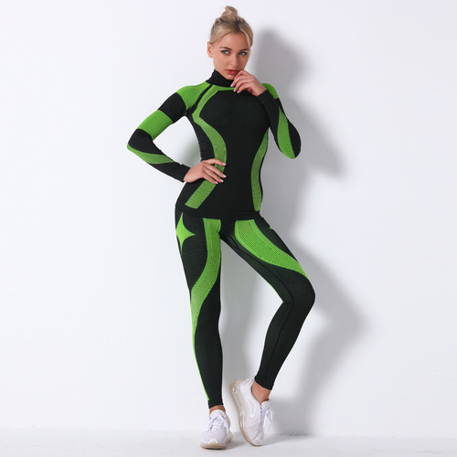 European and American seamless knitted striped sports yoga long-sleeved two-piece outdoor sports yoga set!