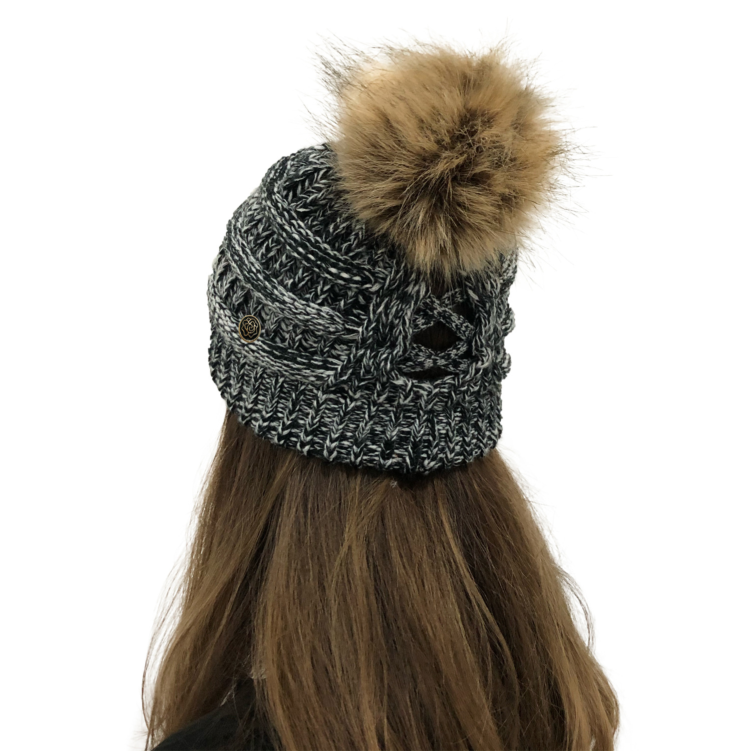 Crochet Ponytail Hat With Fur Pom Pom Mask Button Hat Hot Selling Knitted Hat Wool Ball Wool Hat Criss-cross