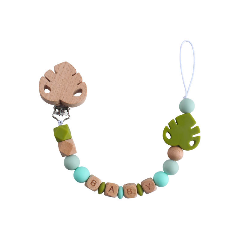 Nombre del bebé personalizable Cadena de chupete de hoja de silicona Bebé suministros de haya hoja chupete clip juguete mordedor