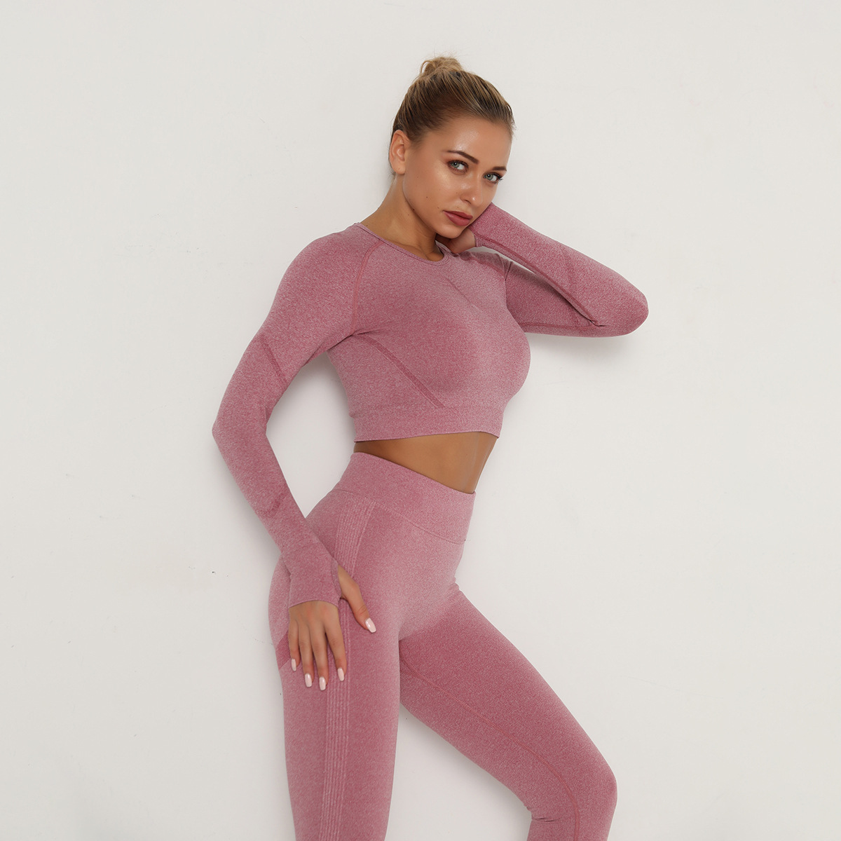 Seamless Sweat-Absorbent Hip High Waist Fitness Pants Tight Long-Sleeved Sports Suit NSNS10704