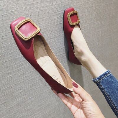 香港潮牌香港红色平底单鞋女2020秋季百搭方头奶奶鞋浅口一脚蹬女