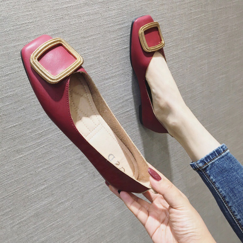 香港潮牌香港红色平底单鞋女2020秋季百搭方头奶奶鞋浅口一脚蹬女