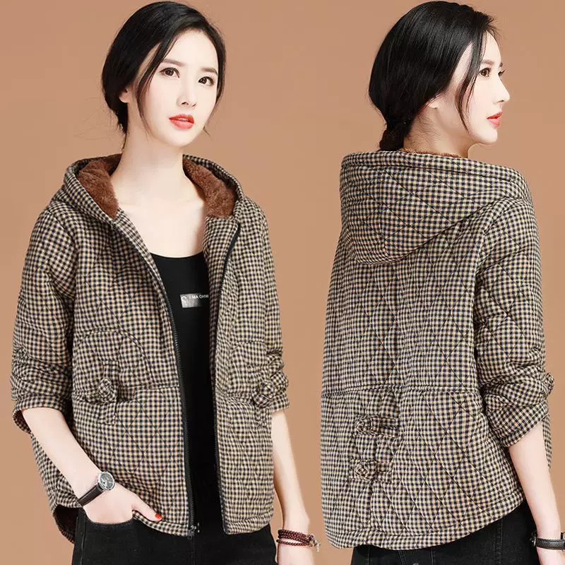 Зимняя утепленная куртка в клетку на флисовой подкладке, теплая короткая куртка с хлопковой подкладкой, женская Свободная куртка большого размера в Корейском стиле с капюшоном, одежда на хлопковой подкладке