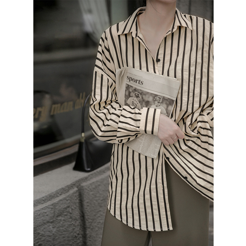 Hong Kong style striped shirt female 2021 summer new retro cold open shirt wild long loose shirt 83825