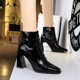 566nw European and American style retro nightclub sexy cross bandage decoration thick heel high heel square head wrinkled patent leather short boots