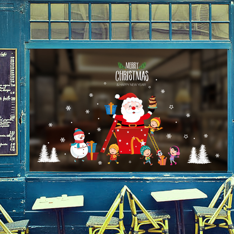 2021圣诞新款圣诞老人雪人一家装饰美化店铺玻璃门墙贴自粘贴纸|ru