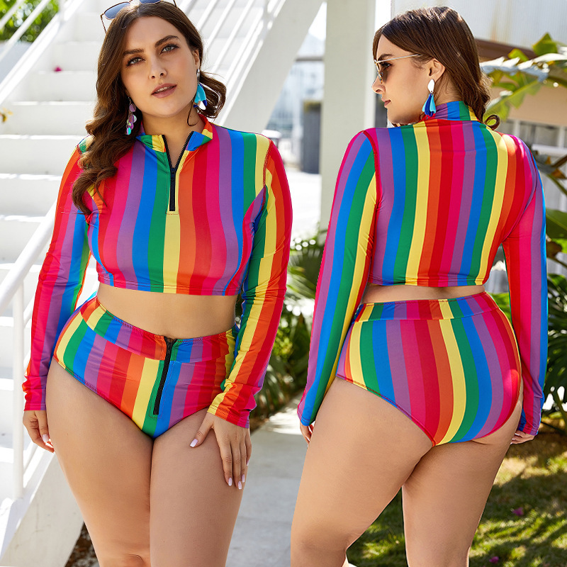 rainbow stripes plus size split swimsuit  NSLM27917