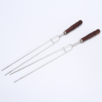 不锈钢烧烤叉 带木手柄烧烤羊肉工具烧烤叉木柄烧烤U烧烤叉批发