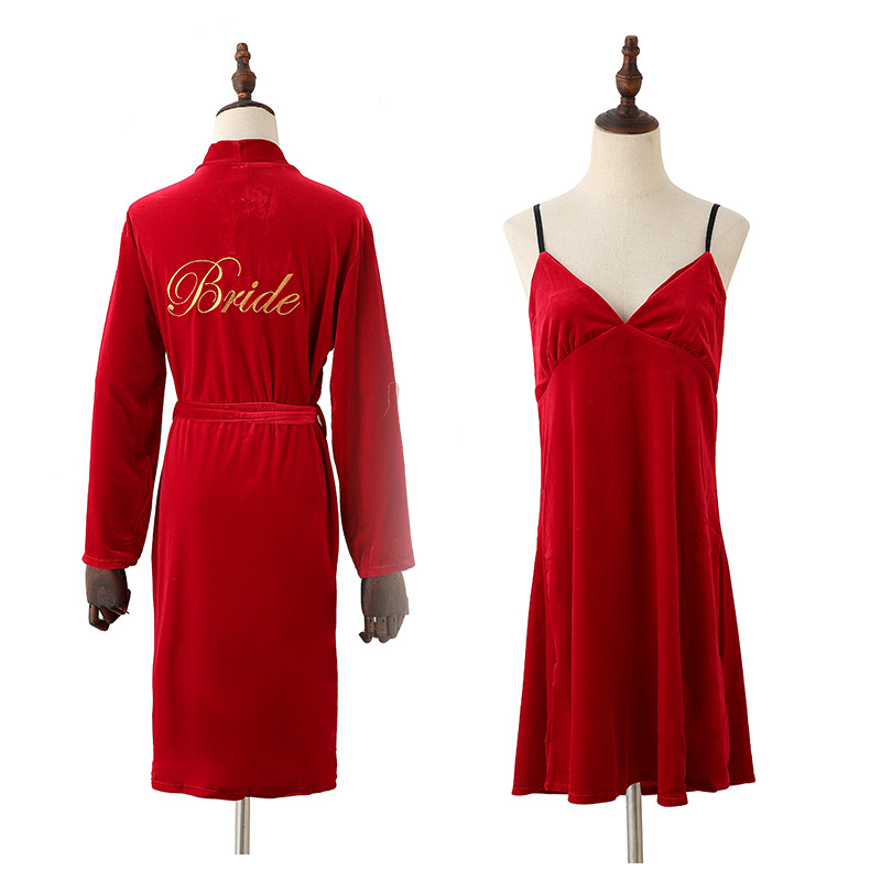 晨袍新娘 秋冬V字吊带领红色现货金丝绒女士家居服伴娘睡袍两件套|ms