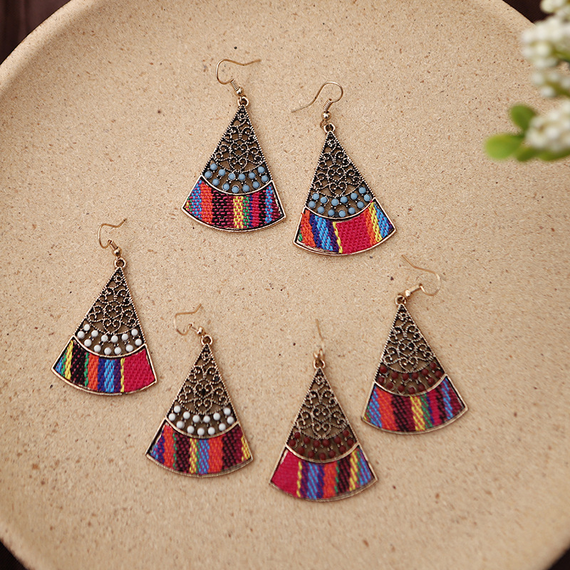 Fan-shaped Hollow Fabric Oil Drop Retro Earrings Female Wholesale display picture 2