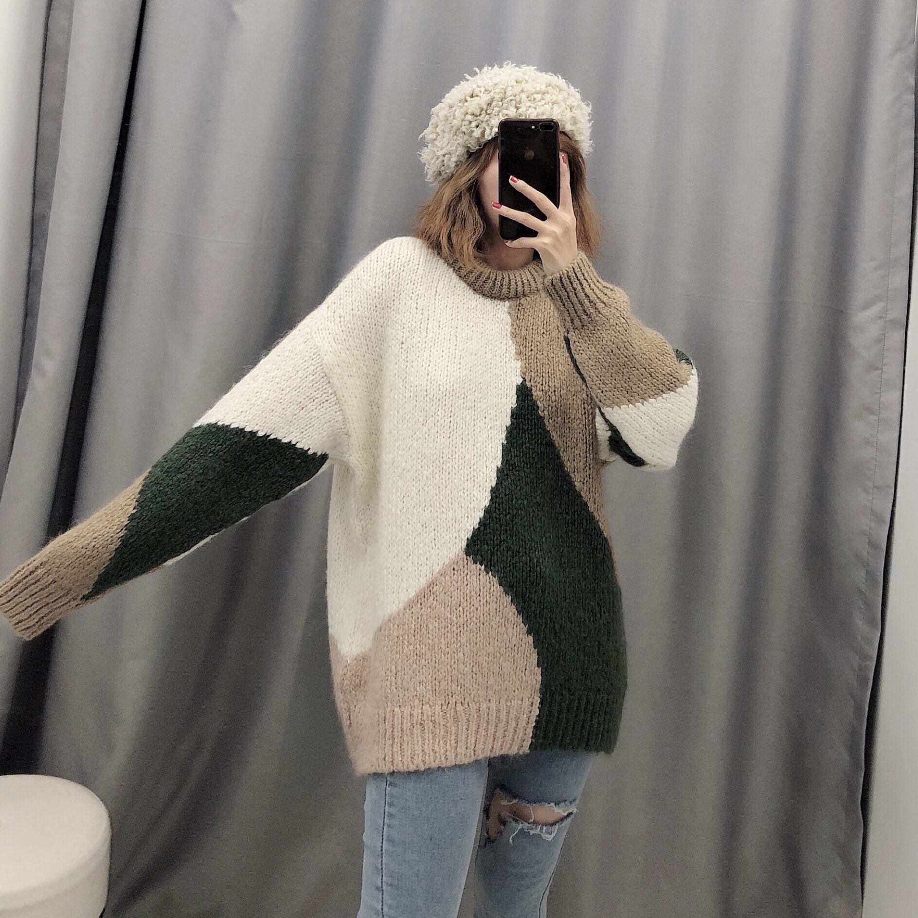 wholesale autumn color matching sweater women s loose sweater NSAM5537