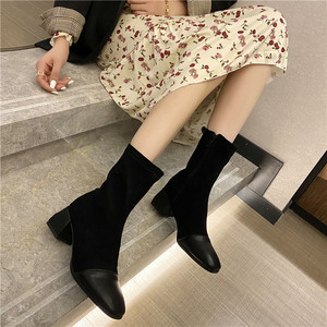 Versatile thick heel boots women’s 2021 new Mid Heel thin boots elastic boots spring and autumn single boots fashion boo