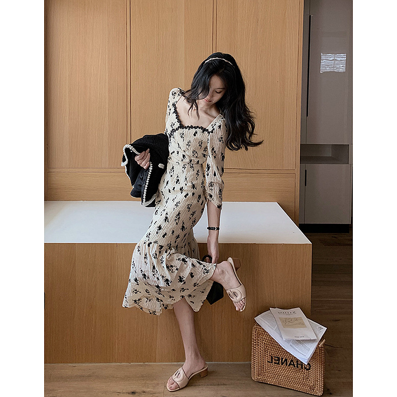 法式复古褶皱连衣裙名媛气质植绒艺术感裙子温柔风鱼尾裙长袖秋季