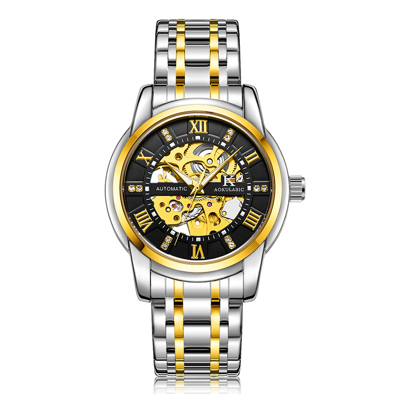 Ogulas AOKULASIC hombres correa de acero reloj mecánico automático hueco volante negocio reloj 5066