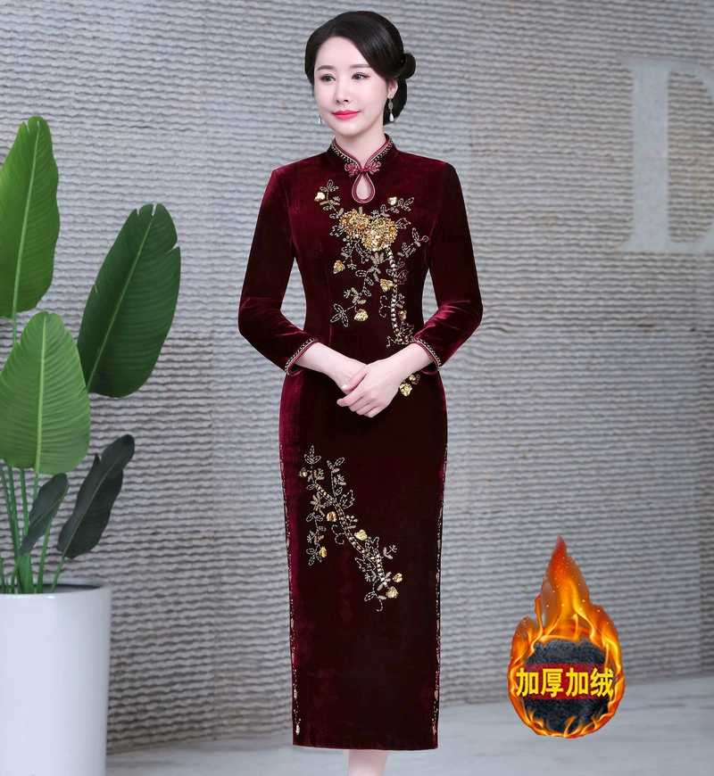 Утолщенный бархатный Чонсам на флисовой подкладке, улучшенный винтажный Чонсам с бисером, Новинка осени и зимы 2020, женская одежда больших размеров