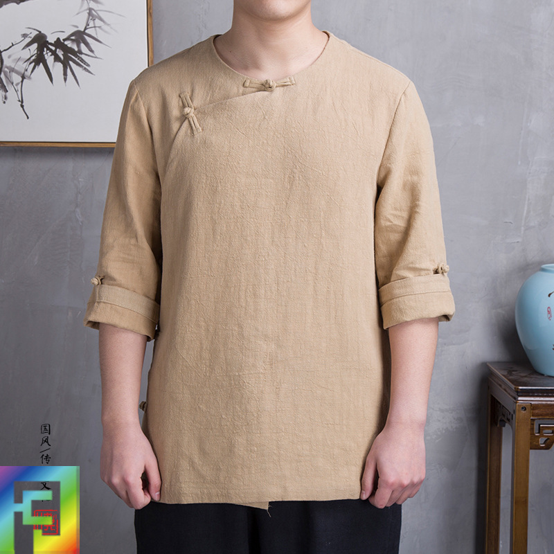 夏季中国风亚麻五分袖薄衬衫男中式盘扣棉麻中袖衬衣男装复古寸衣