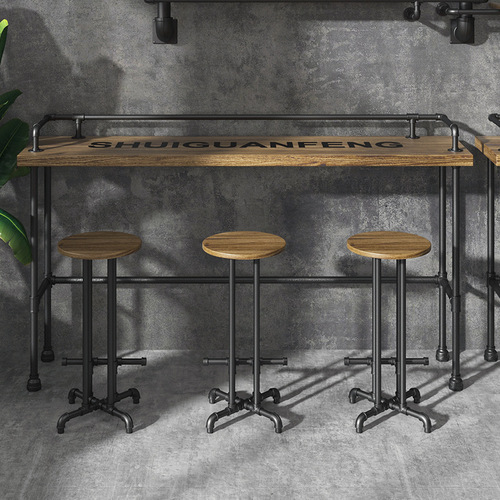 Creative water pipe solid wood table and chair set industrial style small bar counter bar counter milk tea shop wall-mounted high-leg narrow table