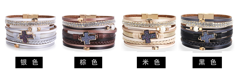 Bohemian Multilayer Leather Cross Inlaid Pearl Bracelet display picture 12